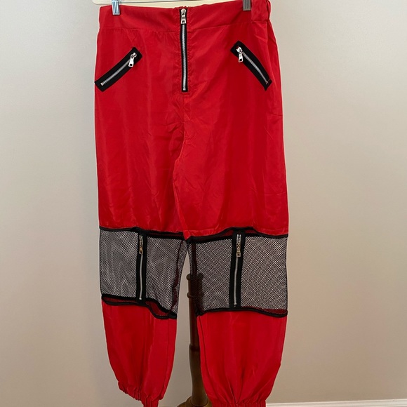 Red Mesh Knee Zipper Joggers - Picture 2 of 7